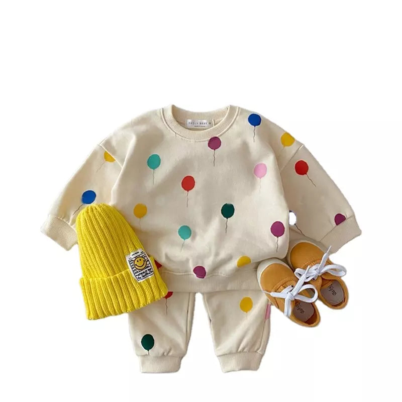 2 Piece Toddler Balloon Print Cotton Tracksuit Sweatshirt + Pants