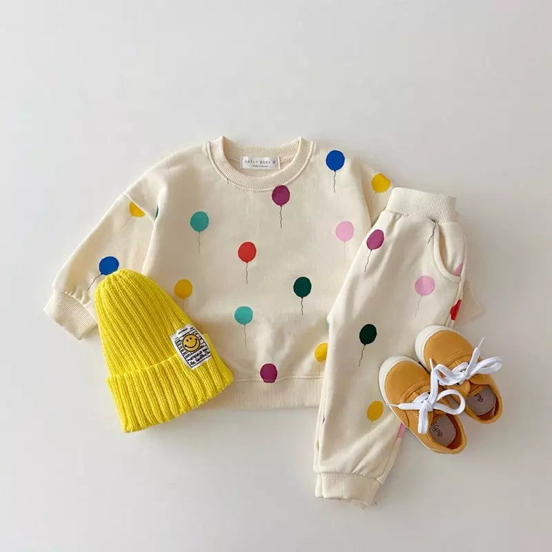 2 Piece Toddler Balloon Print Cotton Tracksuit Sweatshirt + Pants