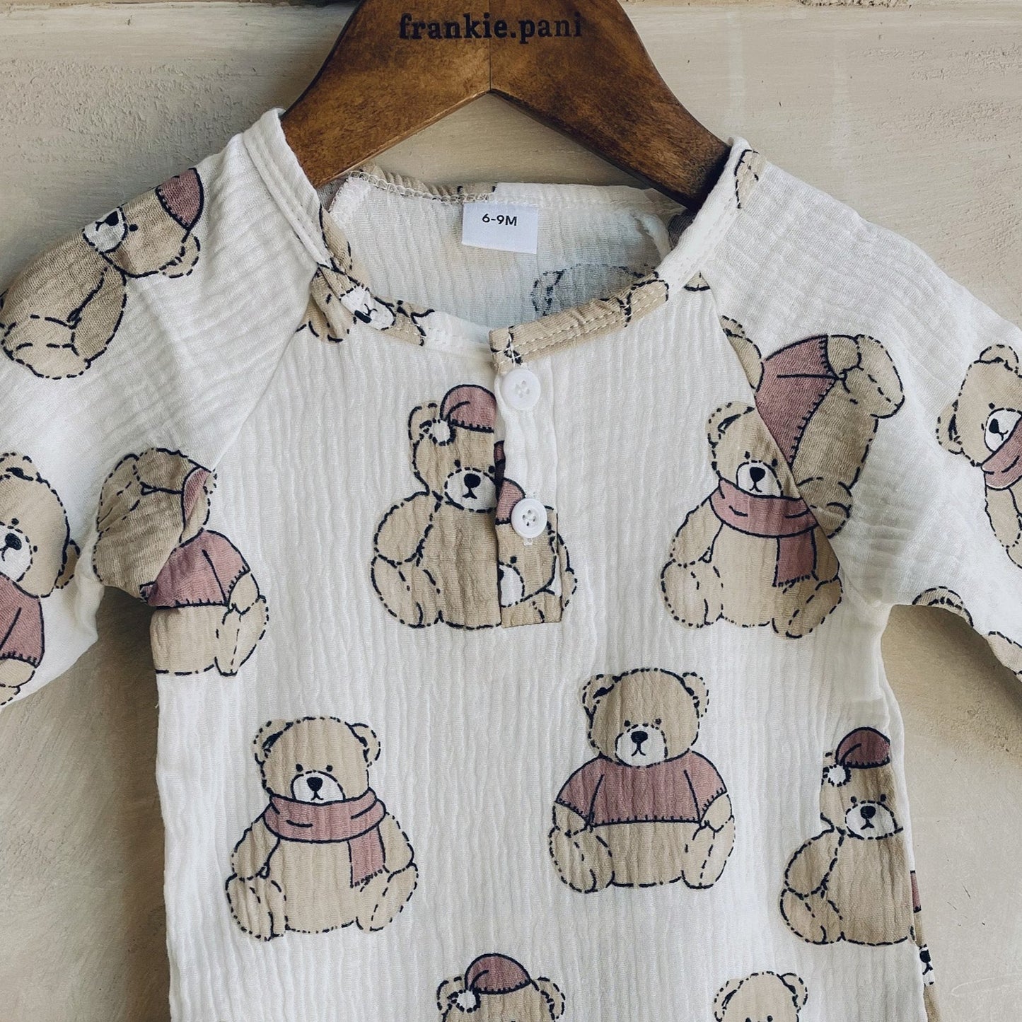 100% Cotton Baby Neutral Bear Print Muslin Crinkle Crepe Double Gauze Long-sleeve Jumpsuit
