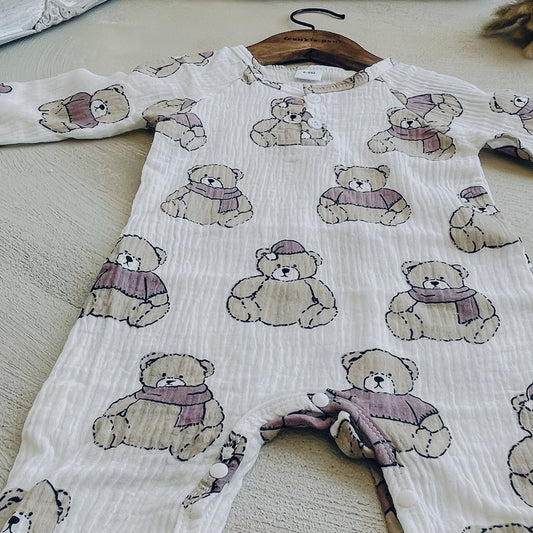 100% Cotton Baby Neutral Bear Print Muslin Crinkle Crepe Double Gauze Long-sleeve Jumpsuit