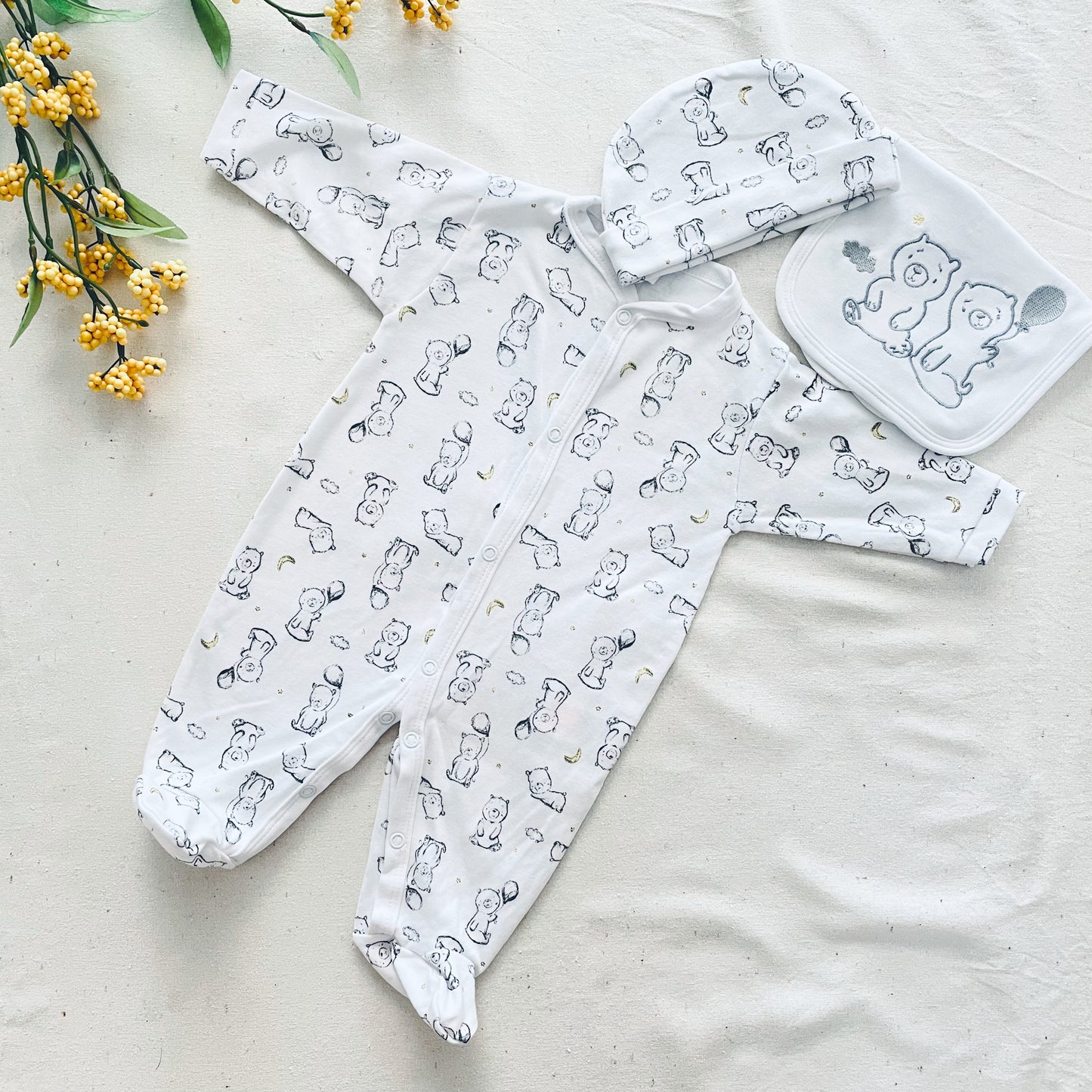 3 Piece 100% Cotton Baby Boy/Girl Neutral Bear Print Jumpsuit Set